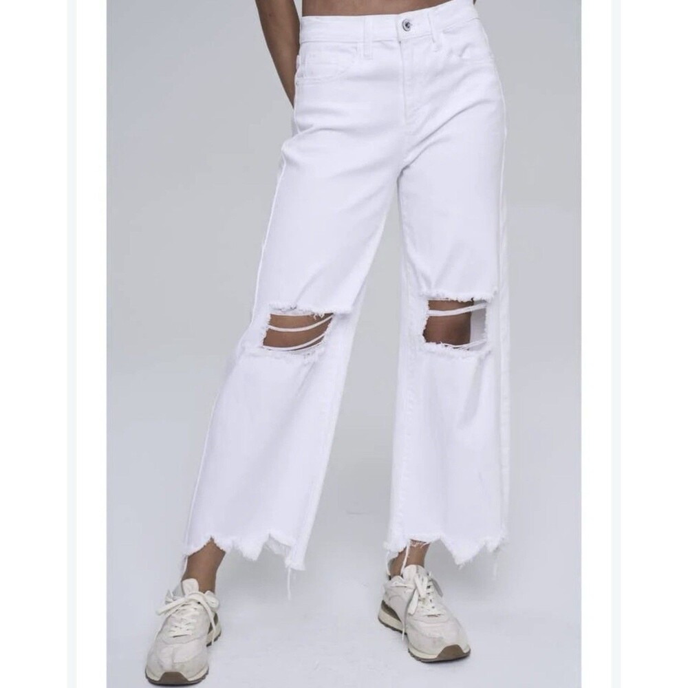 Altar'd State Women's 27 White Jeans Flare Bell Bottom Pants Boho Fringe Ripped